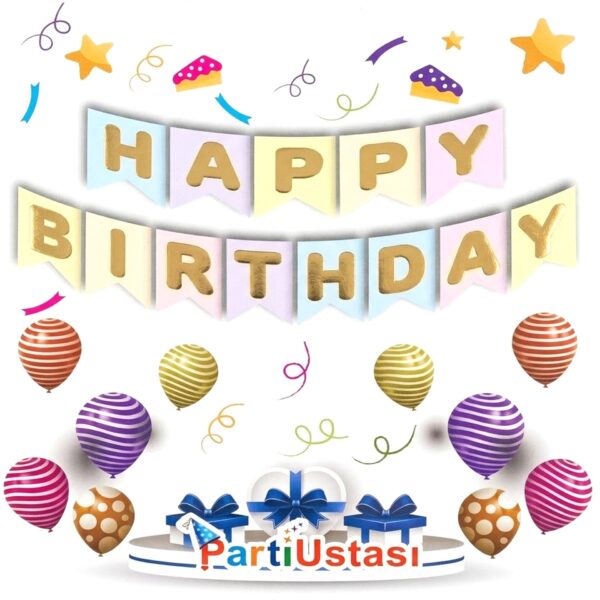 YAZI VARAKLI ZARF BANNER HAPPY MACARON ALTIN